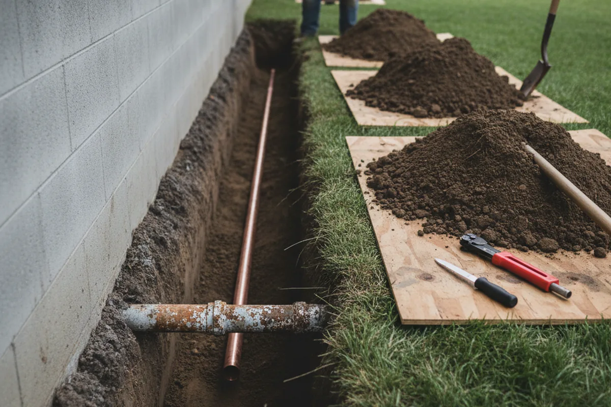 Excavated water line trench during Water Softener Installation in Brownstown